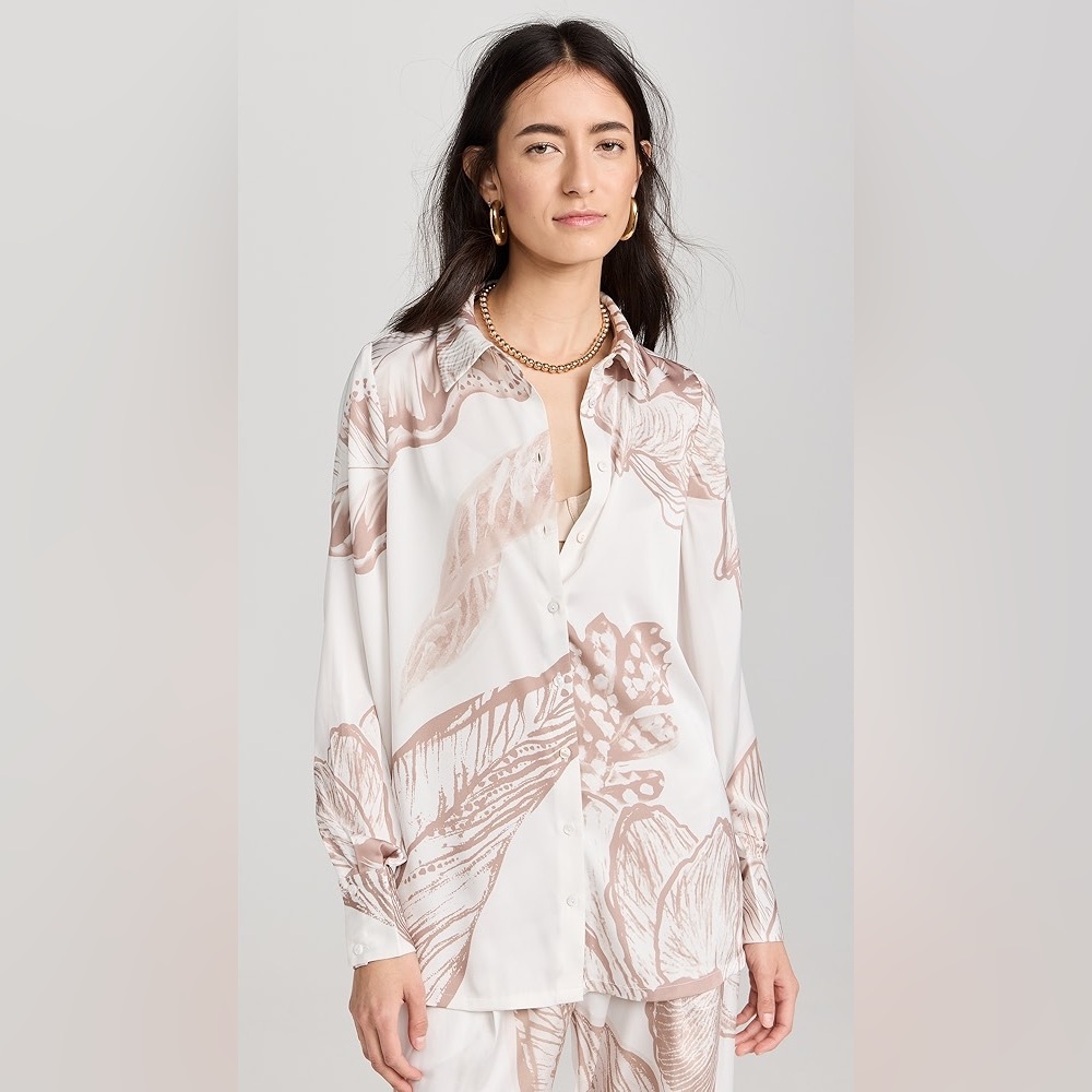 ROCOCO SAND Long Sleeve Silk Shirt in Light Brown & White